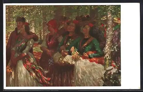 Künstler-AK Sonntag in der Schwalm, Menschen in traditioneller Tracht im Wald