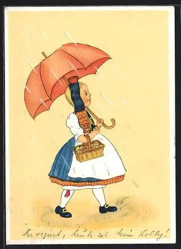 AK Schwälmer Tracht, Mädchen mit Regenschirm