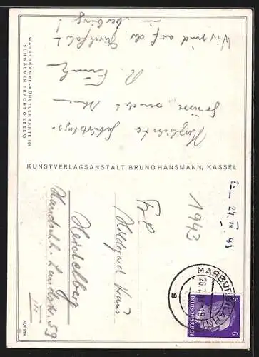 AK Schwälmer Tracht, Mädchen mit Regenschirm