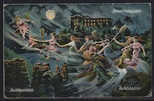 AK Thale, Hexentanzplatz, Hexen, Fledermaus, Teufelsschloss und Teufelsbrocken bei Vollmond