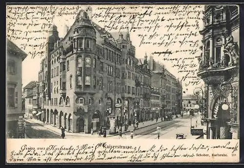 AK Karlsruhe, Kaiserstrasse mit Eckgebäude aus der Vogelschau