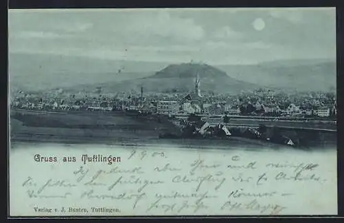 Mondschein-AK Tuttlingen, Totalansicht mit Bergblick aus der Vogelschau