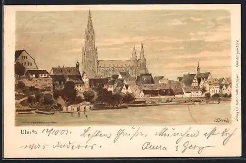 Lithographie Ulm a. D., Stadtpanorama mit Münster von der Donau aus