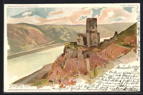 Künstler-Lithographie P. Schmohl: Kaub, Blick zur Burg Gutenfels