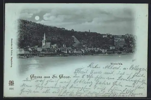 Mondschein-AK St. Goar, Rheinfels u. Ortspanorama vom Rhein aus