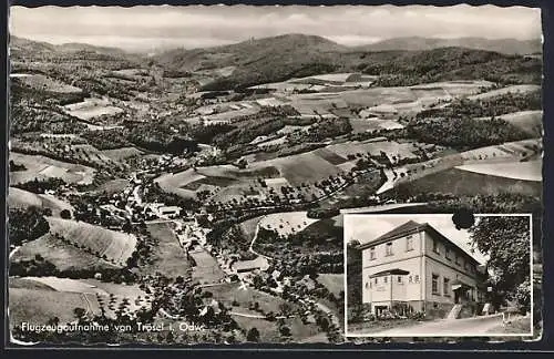 AK Trösel i. Odenw., Gasthaus-Pension zur Rose G. Dörsam Ww., Gesamtansicht vom Flugzeug aus