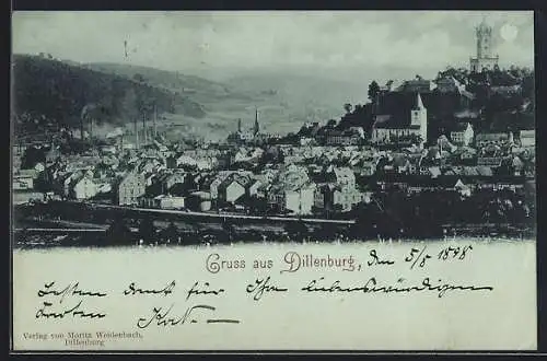 Mondschein-AK Dillenburg, Totalansicht mit Burg aus der Vogelschau
