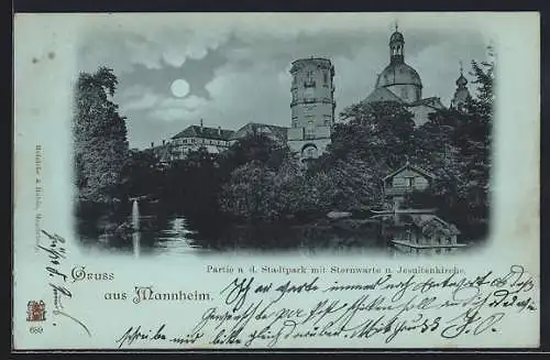 Mondschein-AK Mannheim, Stadtpark-Partie mit Sternwarte u. Jesuitenkirche