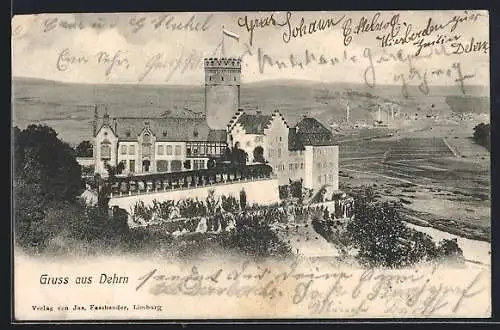 AK Dehrn, Turmgebäude und Blick ins Land aus der Vogelschau