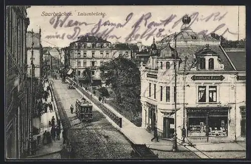 AK Saarbrücken, Strassenbahn auf der Luisenbrücke, Cigaretten-Laden von L. Bauer