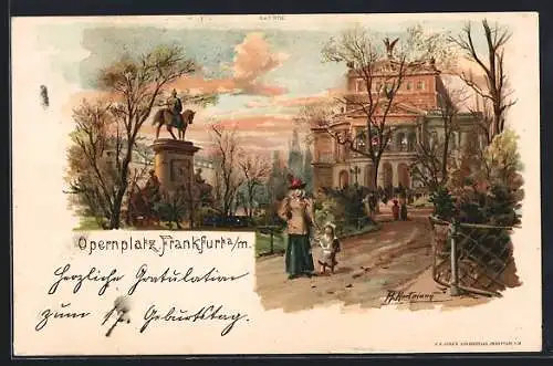 Lithographie Frankfurt /Main, Parkpartie am Opernplatz