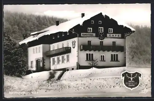 AK Bodenmais /Bay., Hotel-Pension-Cafe Hubertus A. Schwabenbauer im Winter, Hotel-Wappen