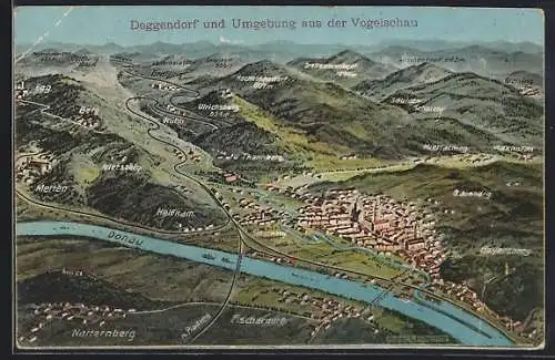 Künstler-AK Eugen Felle: Deggendorf, Ortsansicht & Umgebung aus der Vogelschau