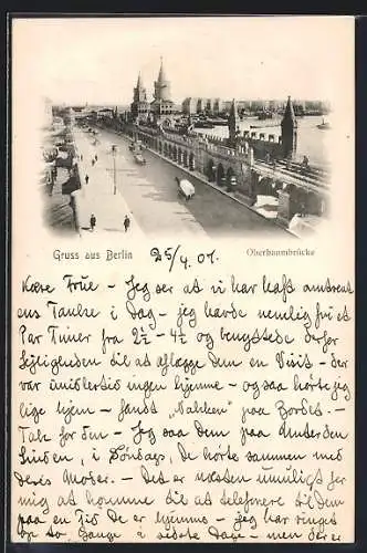 AK Berlin-Friedrichshain, Oberbaumbrücke mit Uferpanorama aus der Vogelschau