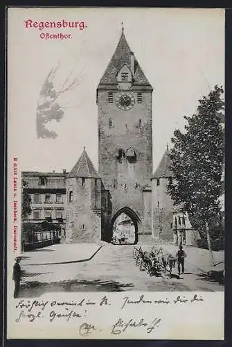 AK Regensburg, Ostenthor mit Strasse und Ochsenwagen