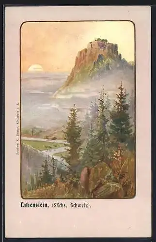 Künstler-AK Lilienstein /Sächs. Schweiz, Burg mit Umgebung