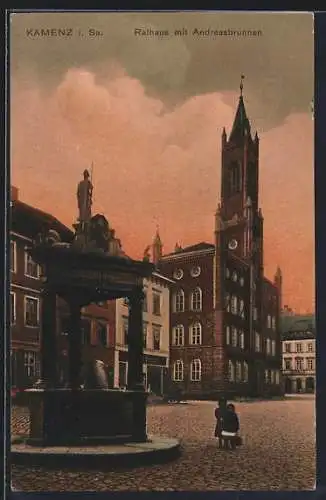 AK Kamenz /Sa., Rathaus mit Andreasbrunnen