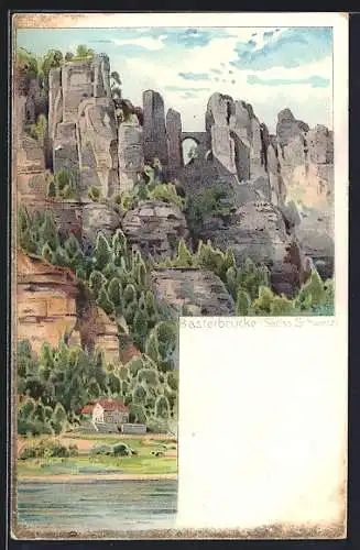 Lithographie Basteibrücke /Sa., Ortsansicht vom Wasser aus