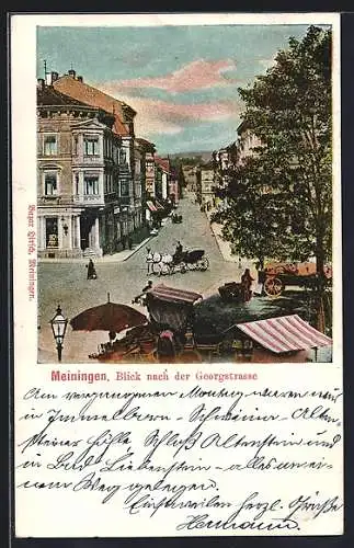 AK Meiningen, Georgstrasse aus der Vogelschau, mit Marktständen
