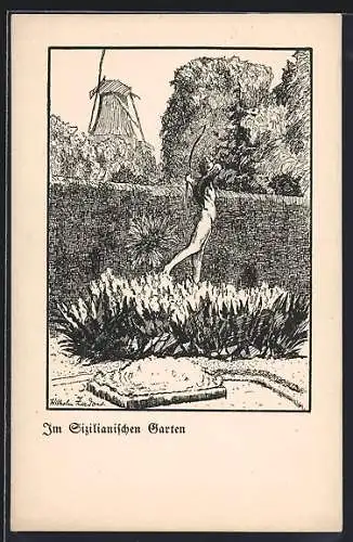 Künstler-AK Potsdam, Im Sizilianischen Garten, mit Bogenschütze u. Windmühle
