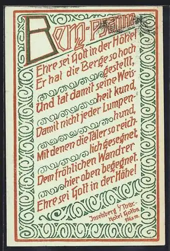 AK Inselsberg /Thür., Hotel Gotha, Ehre sei Gott..., Gedicht, Ornament-Rahmen