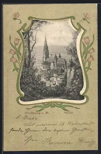 AK Freiburg i. B., Münster aus der Vogelschau, Ornament-Rahmen, Tulpen, Libelle