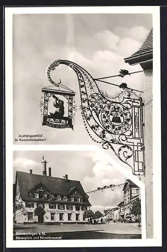 AK Schwenningen / Neckar, Bären-Brauerei am Bärenplatz, kunstgeschmiedetes Aushängeschild