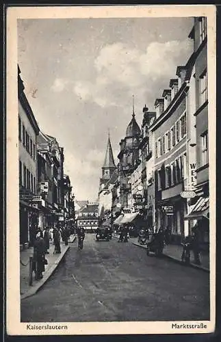 AK Kaiserslautern, Marktstrasse mit Geschäften und Türmen