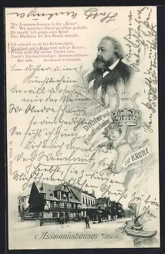 AK Assmannshausen /Rh., Gasthaus zur Kone, Ansicht mit Strasse, Portrait u. Gedicht Freiligrath