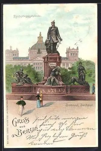Lithographie Berlin-Tiergarten, Bismarck-Denkmal am Reichstagsgebäude