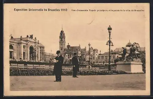 AK Bruxelles, Exposition Universelle 1910, Vue d'ensemble Facade pricipale et le palais de la ville de Bruxelles