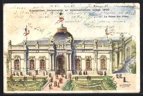 Lithographie Liége, Exposition Universelle et Internationale 1905, Le Palais des Fetes