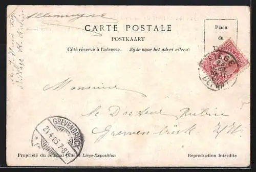 Lithographie Liége, Exposition Universelle et Internationale 1905, Le Palais des Fetes