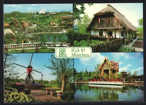 AK München, International Gartenbau-Ausstellung 1983, Blick vom Rosenhügel, Ungarnhaus, Thailändische Sala