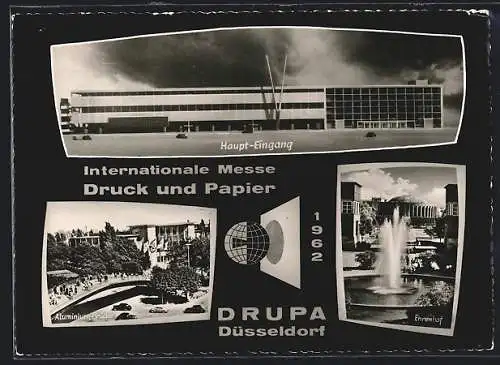 AK Düsseldorf, Internationale Messe Druck und Papier 1962, Haupteingang, Ehrenhof und Aluminium-Brücke