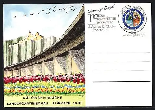 Künstler-AK Lörrach, Landesgartenschau 1983, Autobahnbrücke mit Blumen