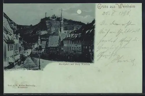 Mondschein-AK Weinheim / Bergstrasse, Marktplatz mit Burg Windeck