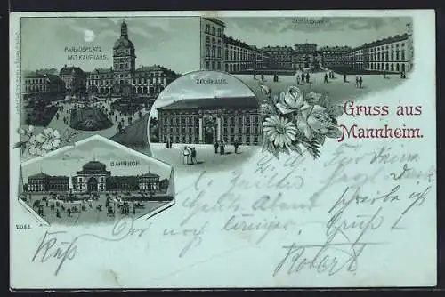 Mondschein-Lithographie Mannheim, Paradeplatz mit Kaufhaus, Bahnhof, Zeughaus