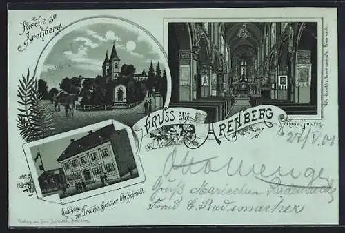 Mondschein-Lithographie Arenberg, Gasthaus zur Traube, Kirche, Innenansicht