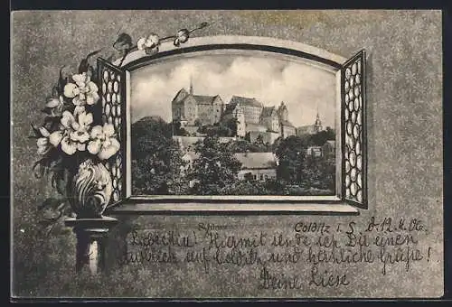 Passepartout-AK Colditz i. S., Schloss im Fenster-Passepartout