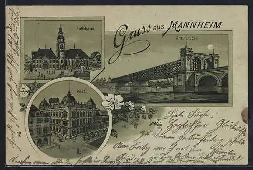 Mondschein-Lithographie Mannheim, Rathaus, Post, Rheinbrücke