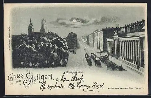 Mondschein-AK Stuttgart, Königsstrasse mit Strassenbahn