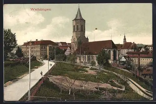 AK Waiblingen, Promenadenanlage und Kirchenpanorama