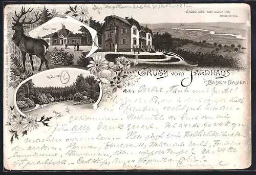Lithographie Baden-Baden, Gasthof Jagdhaus mit Rheintal-Blick, Pavillon, Waldsee, Hirsch