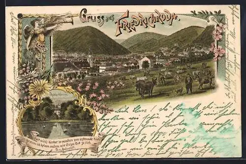 Lithographie Friedrichroda, Reinhardsbrunn, Fanfarenengel, Gesamtansicht mit Kühen u. Bergpanorama