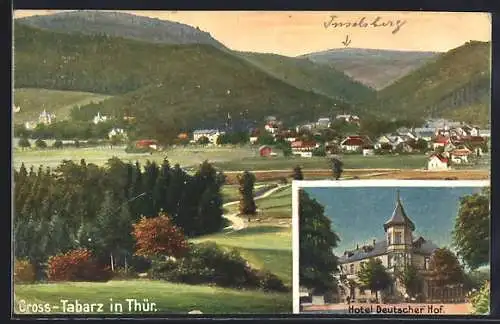 Künstler-AK Gross-Tabarz /Thür., Hotel Deutscher Hof, Gesamtansicht mit Umgebung u. Inselsberg