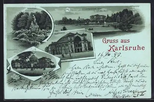 Mondschein-Lithographie Karlsruhe, Stadtgarten, Festhalle, Nymphengruppe