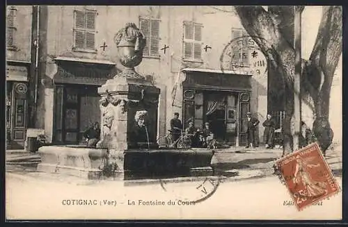 AK Cotignac, La Fontaine du Cours et scène de rue animée