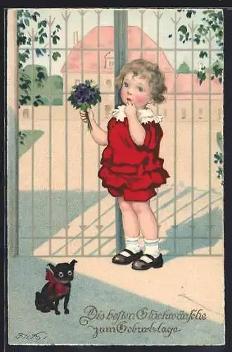 Künstler-AK Fritz Baumgarten: Kleines Mädchen mit Blumen & Hund, Glückwunsch zum Namenstag