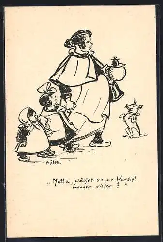 Künstler-AK Heinrich Zille: Mutter hält die Kinder an der Hand Wurstsuppe